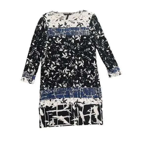 BCBG MaxAzria Womens Size Small White Black Blue Abstract Print 3/4 Sleeve Dress - Picture 1 of 6